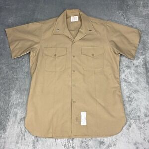 Vintage Military Shirt Mens Size L Tan 70s Wool Dacron USMC Button Up Union Made